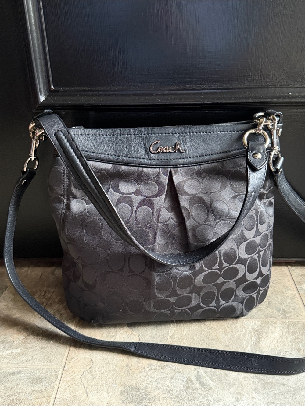 Coach Black Signature Jacquard Shoulder Bag with Leather Trim